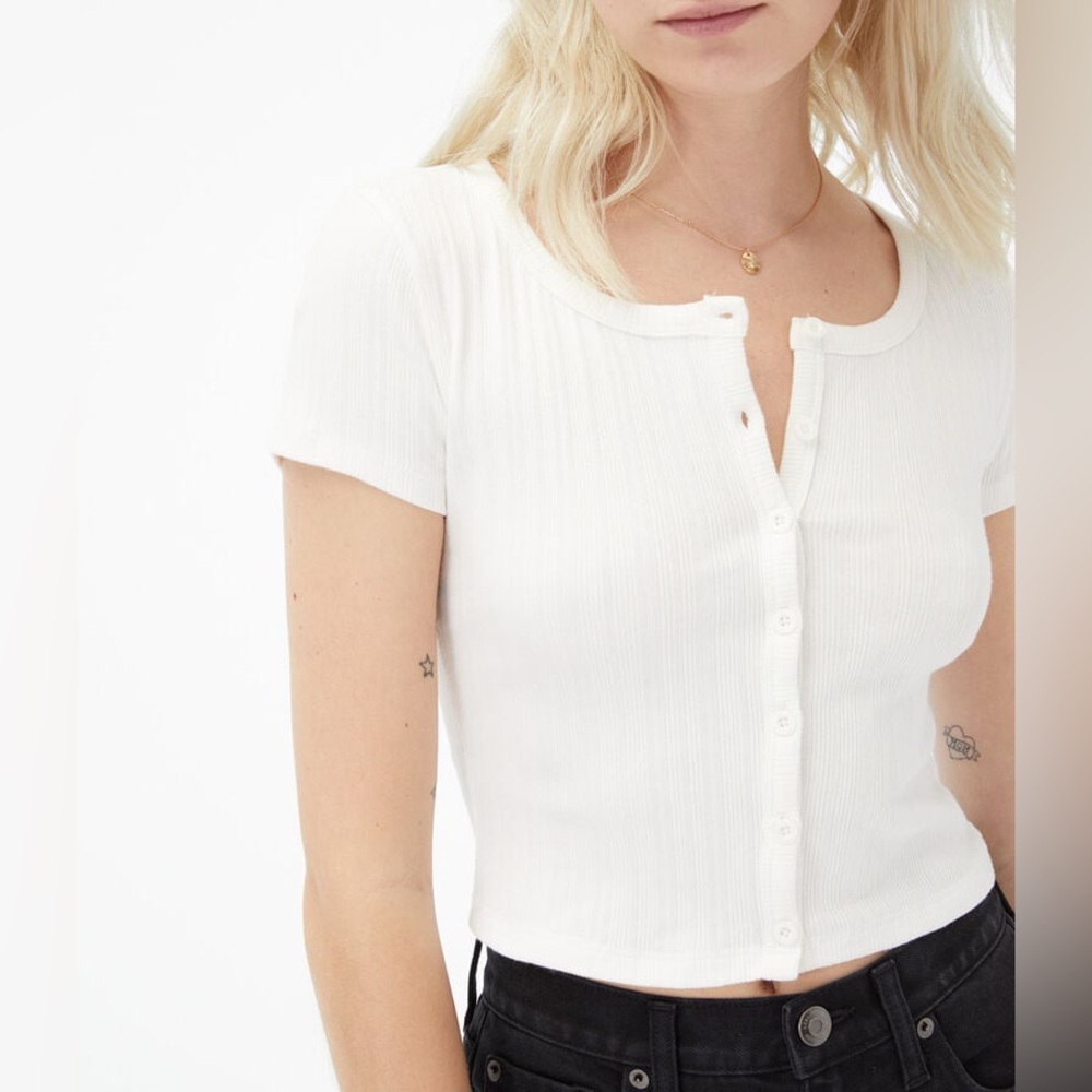 Aero White Button Up Shrunken Tee